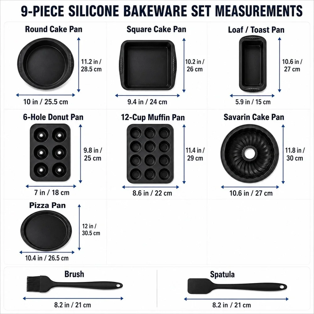 Aschef 9 Piece Silicone Bakeware Set Nonstick BPA Free Cake Muffin Donut Pans